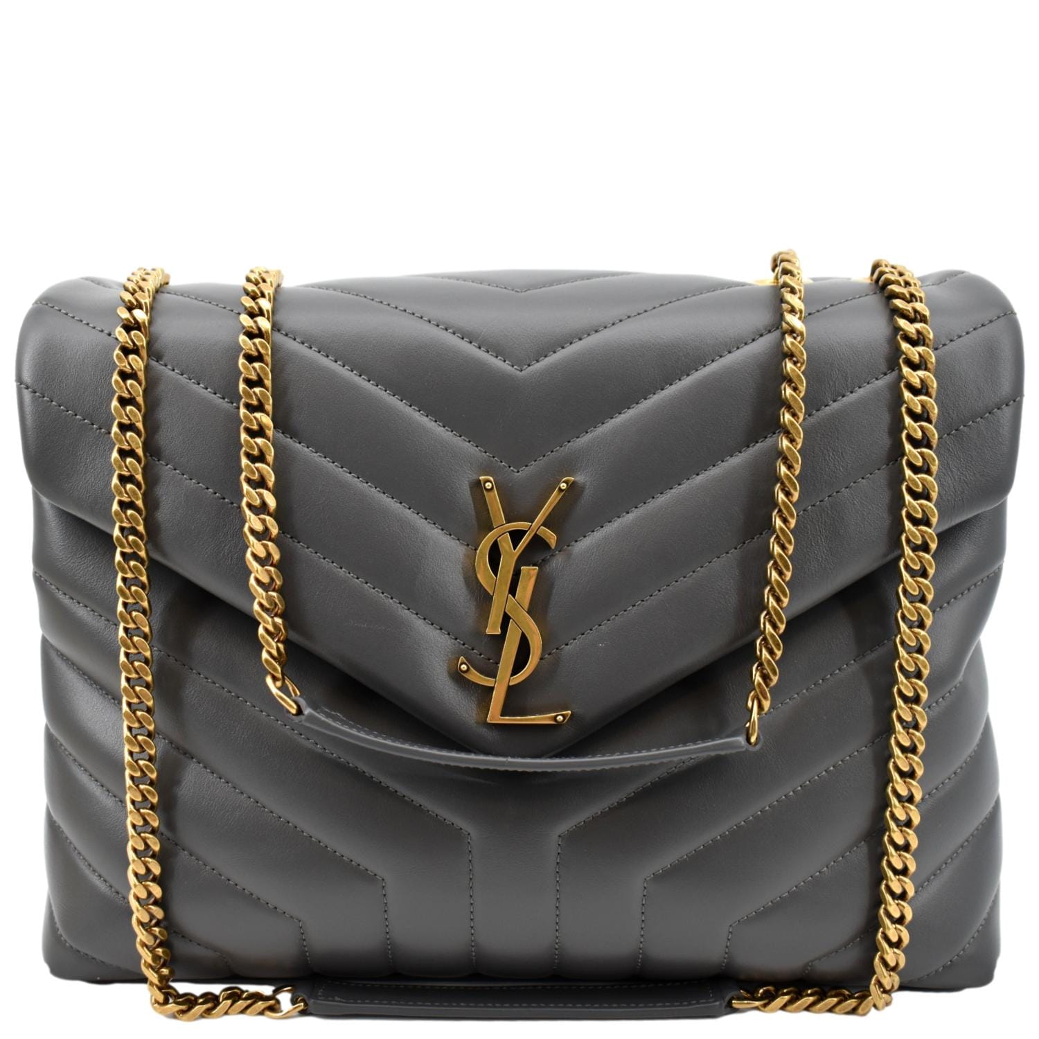 YSL Saint Laurent Saint Loulou Chain Shoulder Bag Dark Gray Leather Matelasse