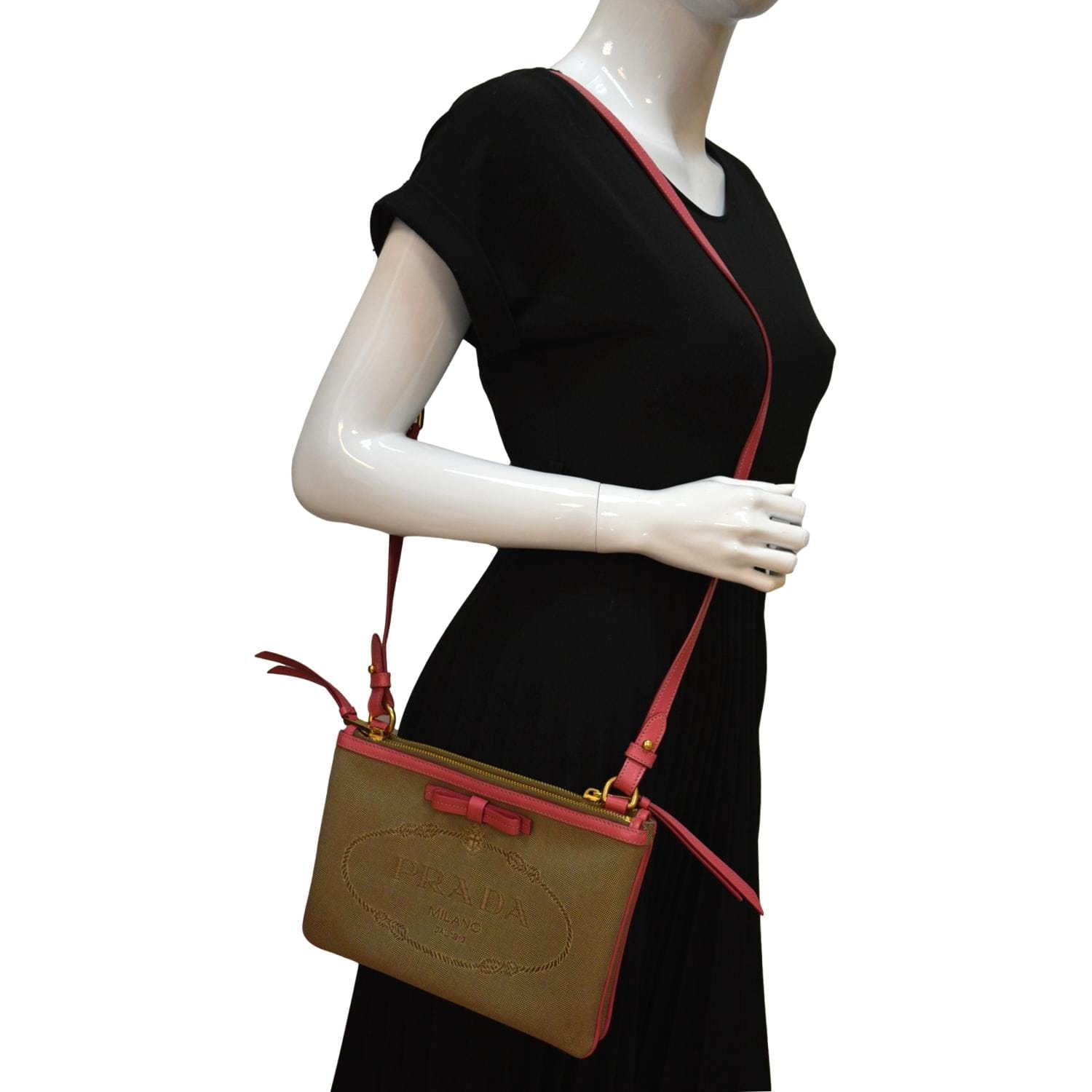 Jacquard Fabric Trim Crossbody Bag Brown