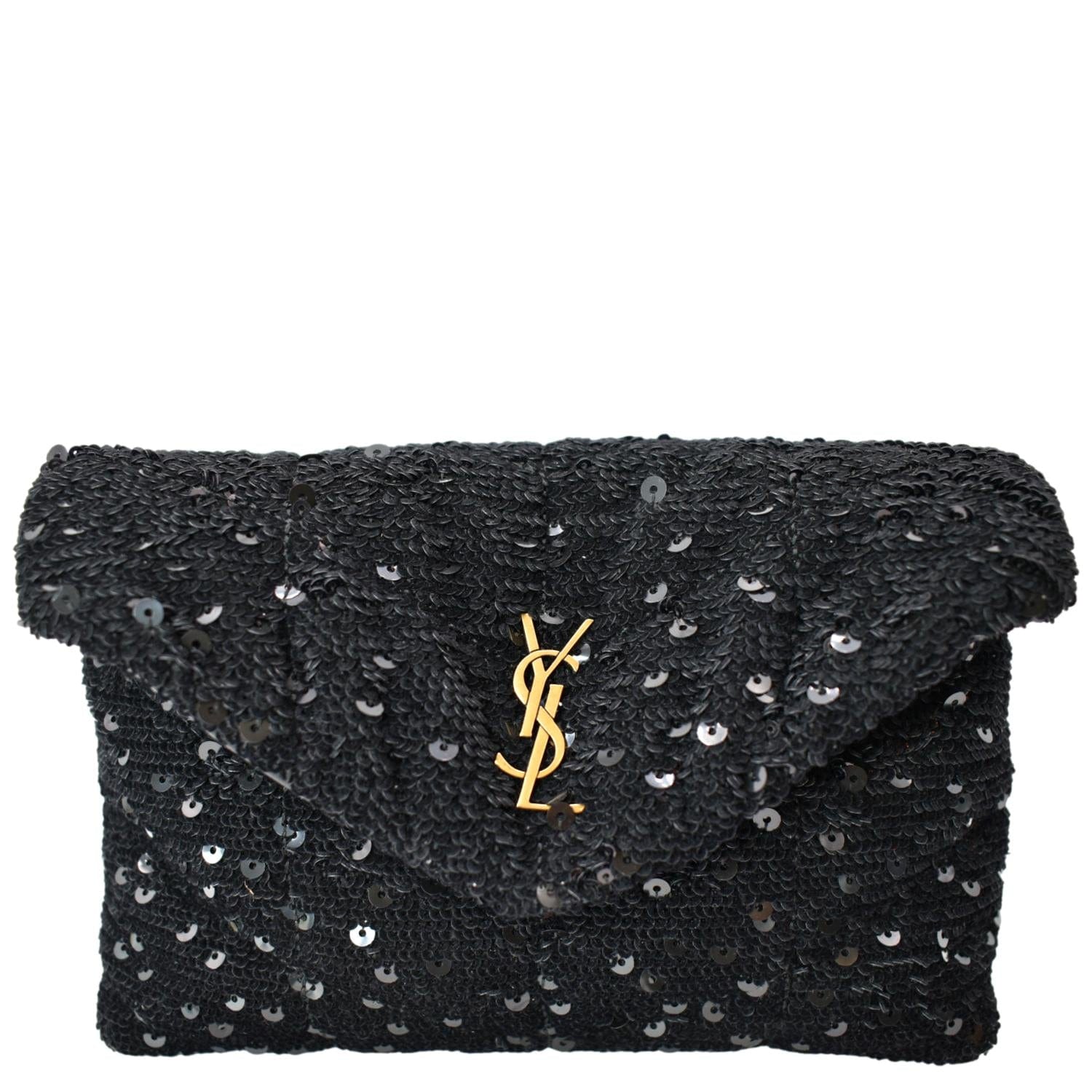 YSL Saint Laurent Saint Puffer Sequin Clutch Wallet Black Small Clutch Bag