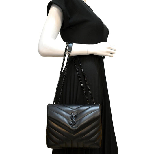 YSL Saint Laurent Yves Loulou Calfskin Shoulder Bag Leather Black Small