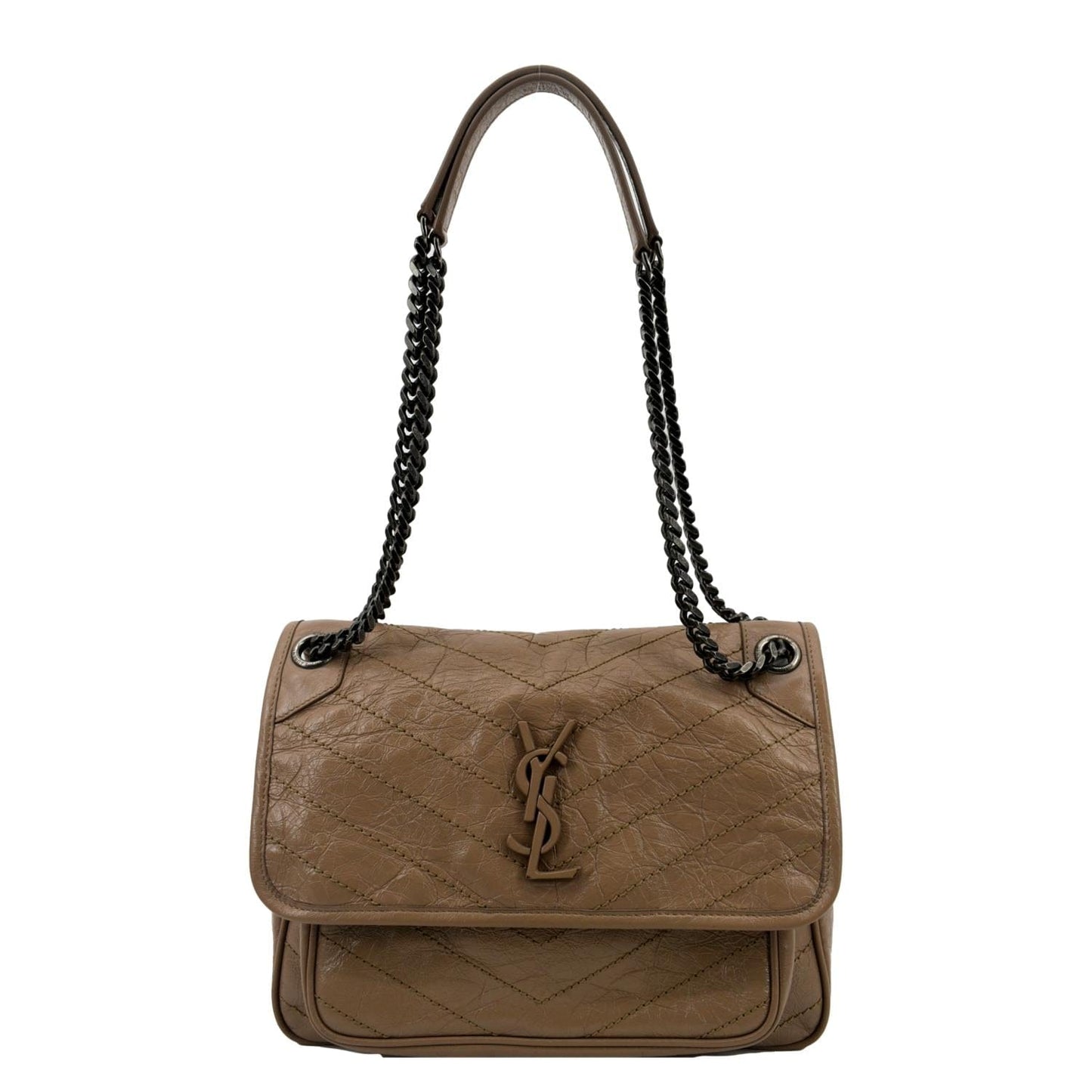 YSL Saint Laurent Yves Niki Crossbody Bag Greyish Leather Brown Medium
