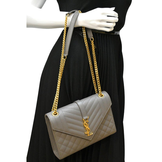 YSL Saint Laurent Yves Envelope Crossbody Bag Leather Matelasse Gray