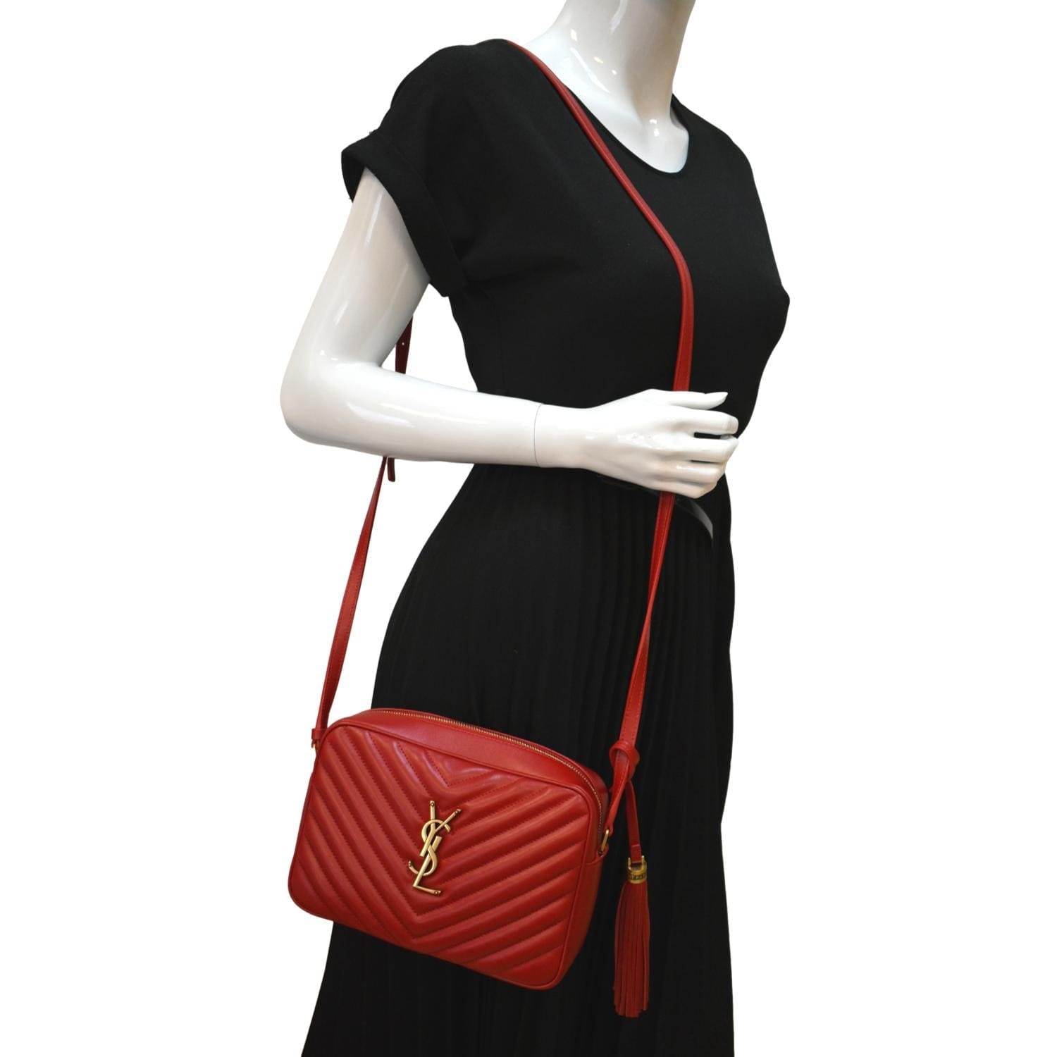 YSL Saint Laurent Yves Lou Chevron Camera Crossbody Bag Leather Red Chevron Camera Bag