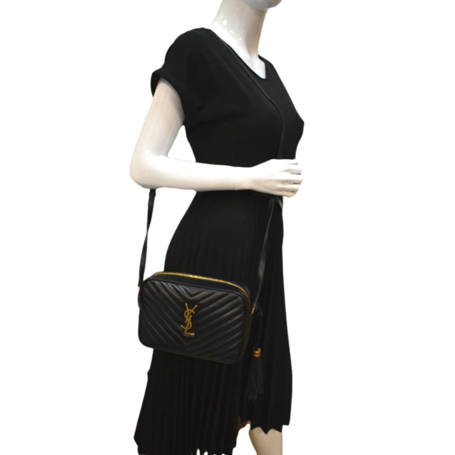 YSL Saint Laurent Yves Lou Chevron Camera Crossbody Bag Leather Black 4