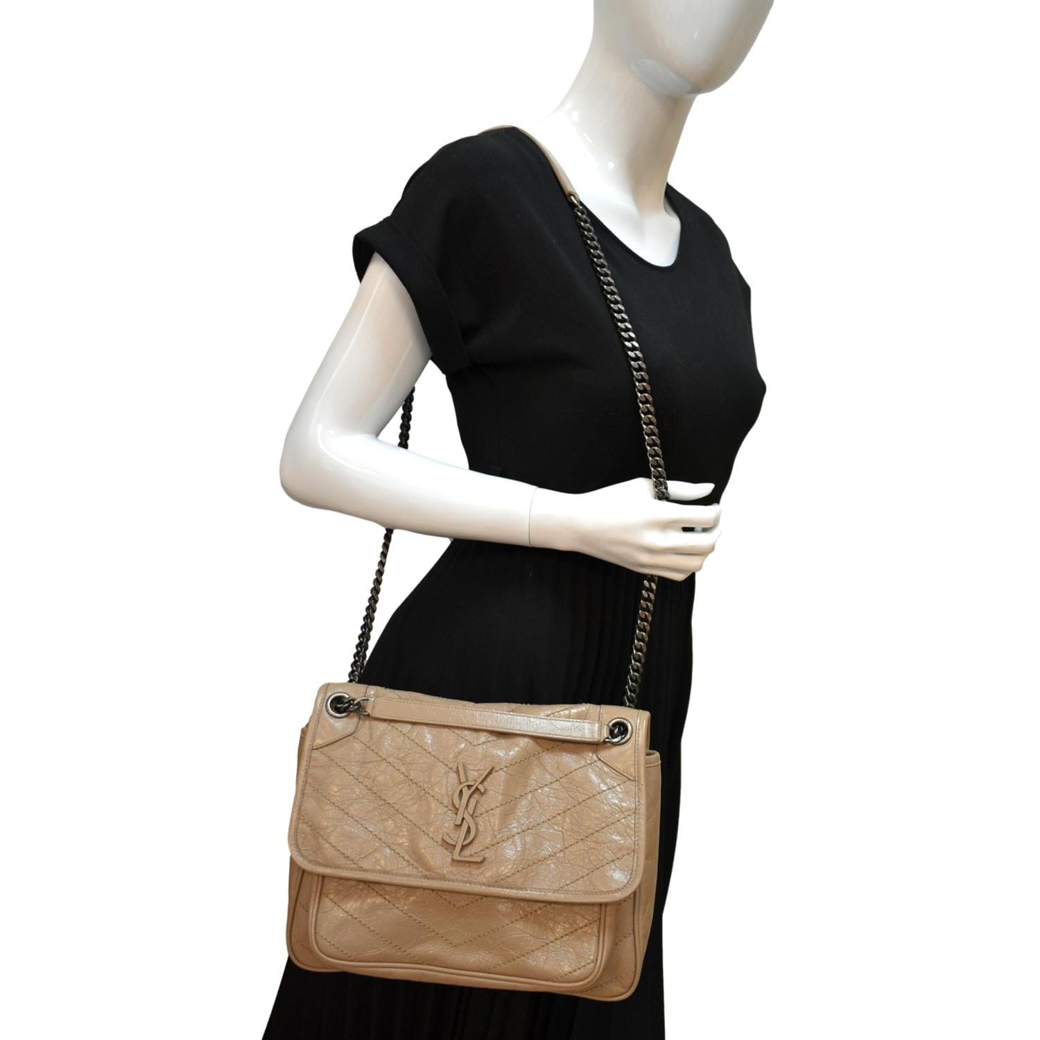 YSL Saint Laurent Saint Niki Crossbody Bag Greyish Leather Brown