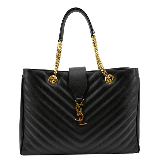 YSL Saint Laurent Saint Chevron Shopping Tote Shoulder Bag Leather Black