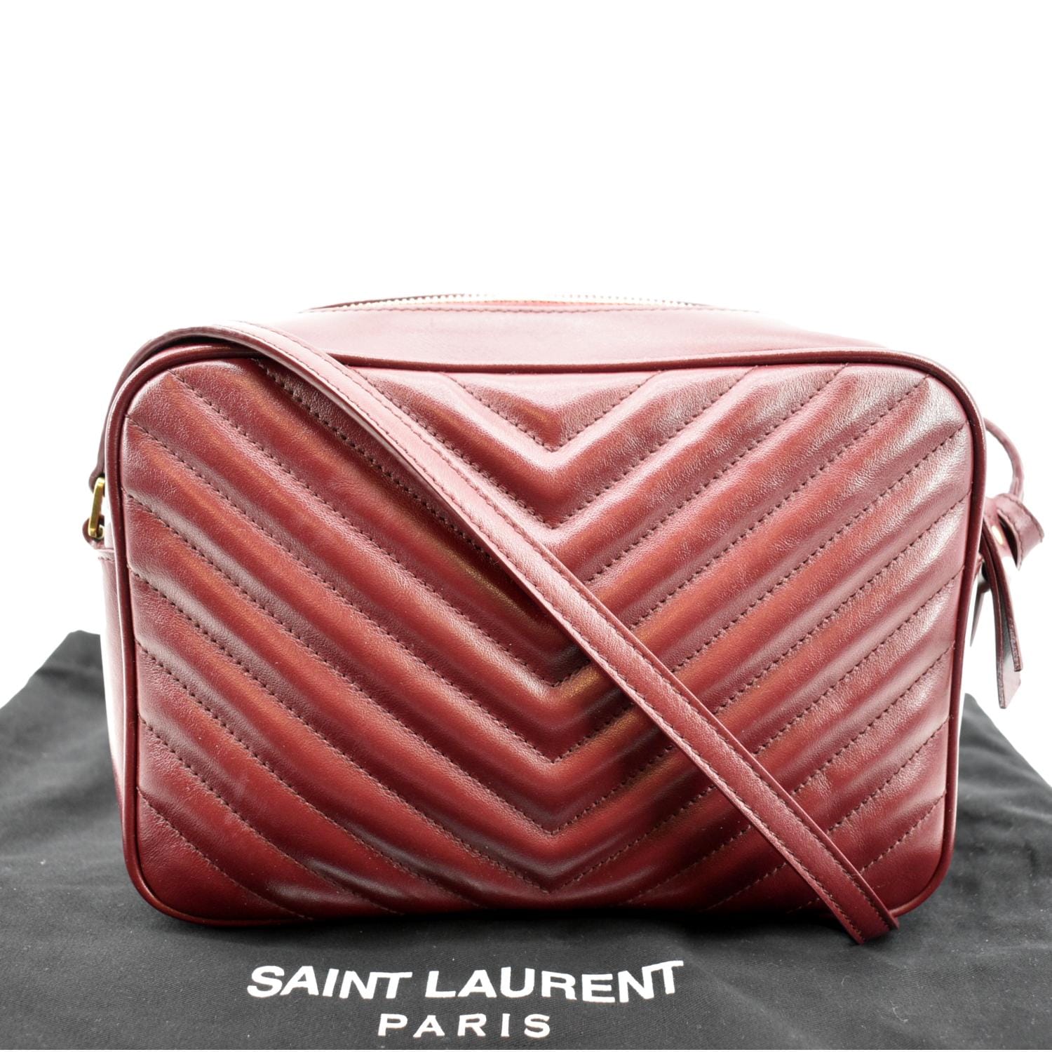 YSL Saint Laurent Yves Lou Camera Chevron Crossbody Bag Maroon Leather