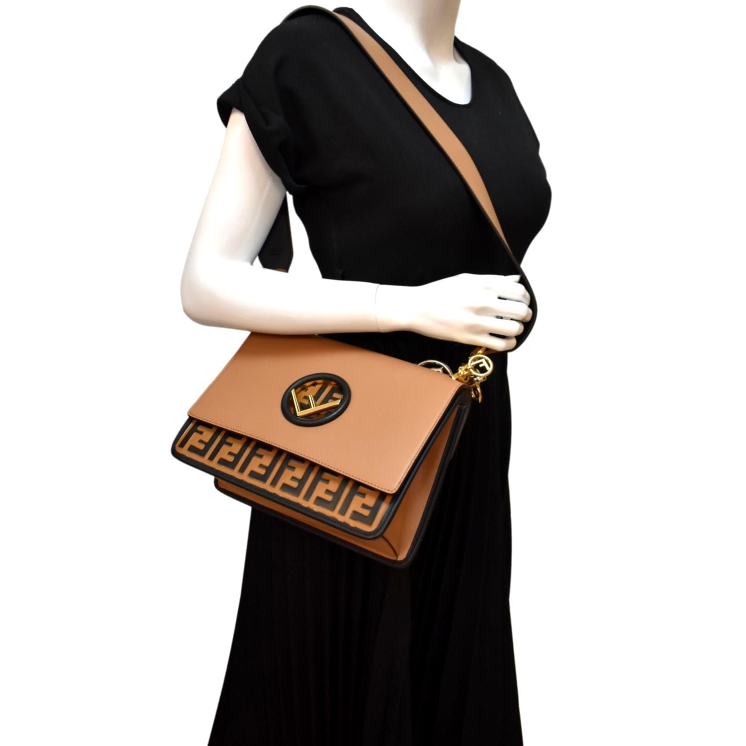 Fendi Kan Zucca Shoulder Bag Leather Tan