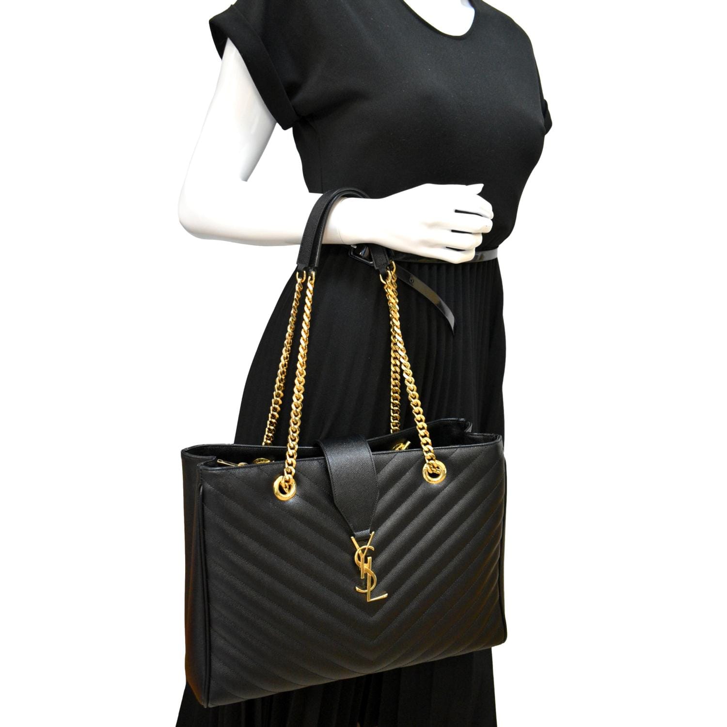 YSL Saint Laurent Saint Chevron Shopping Tote Shoulder Bag Leather Black