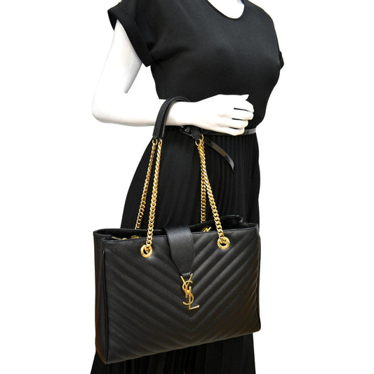 YSL Saint Laurent Yves Chevron Shopping Tote Shoulder Bag Leather Black