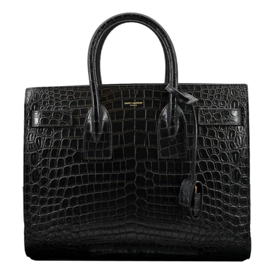 YSL Saint Laurent Yves Sac De Jour Crocodile Satchel Bag Black Embossed