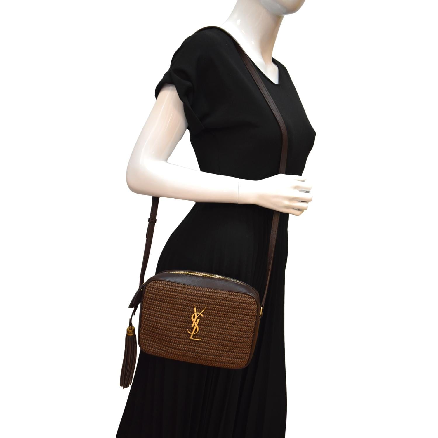 YSL Saint Laurent Yves Lou Camera Crossbody Bag Canvas Raffia Brown