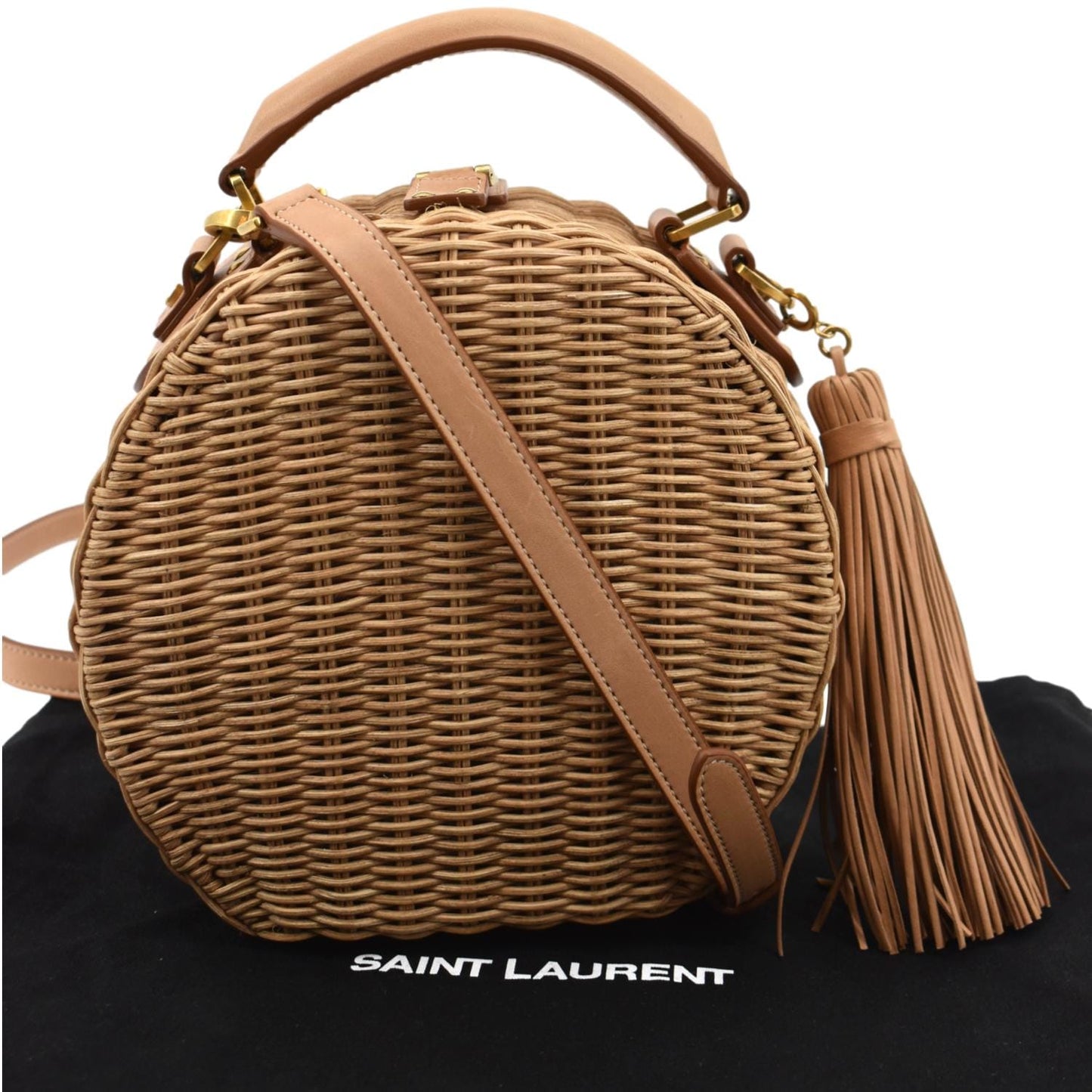 YSL Saint Laurent Yves Mica Crossbody Bag Leather Wicker Beige