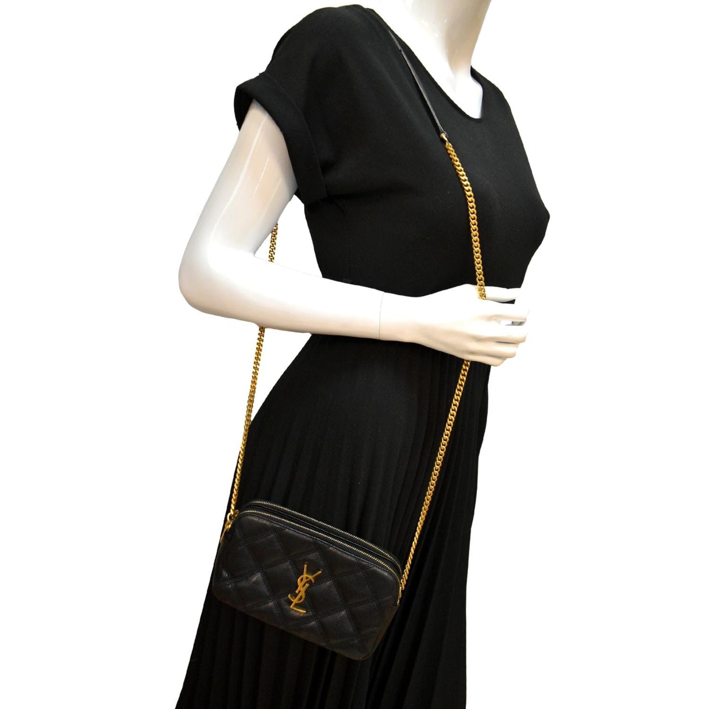 YSL Saint Laurent Yves Becky Double Crossbody Bag Leather Lambskin Black