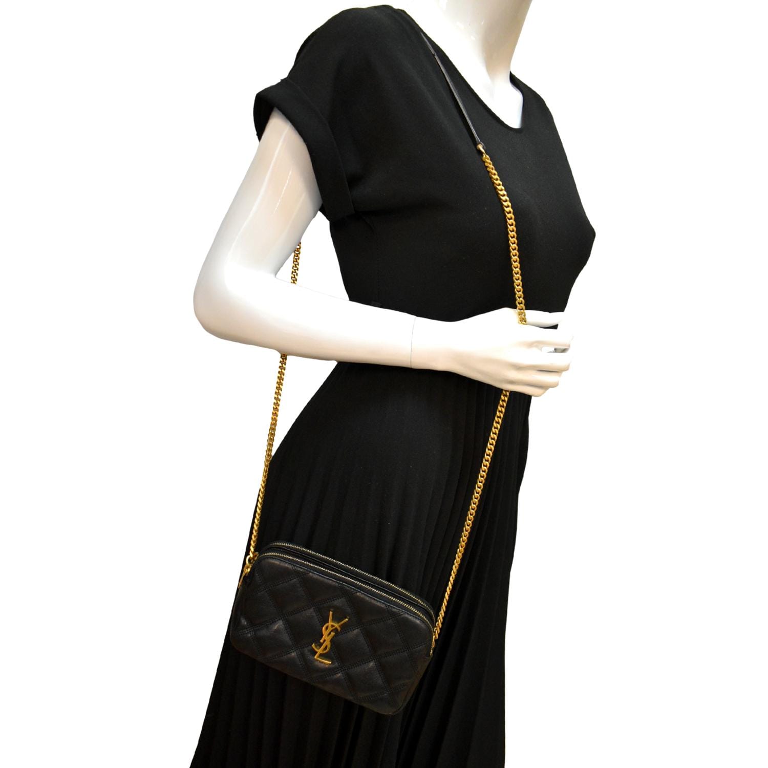 YSL Saint Laurent Yves Becky Double Crossbody Bag Leather Lambskin Black
