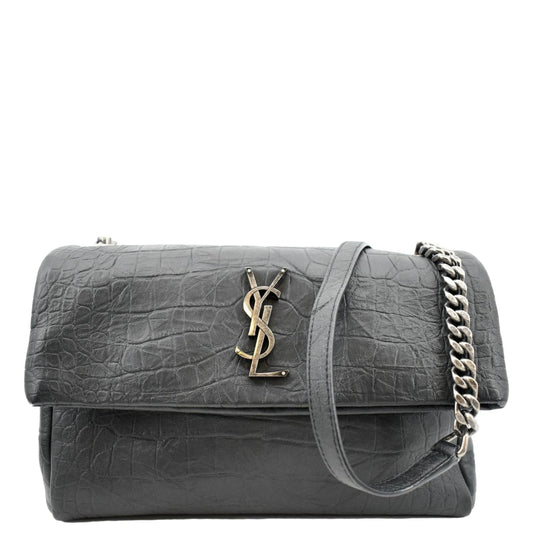 YSL Saint Laurent Saint West Hollywood Fold Over Croc Embossed Black Crossbody Bag