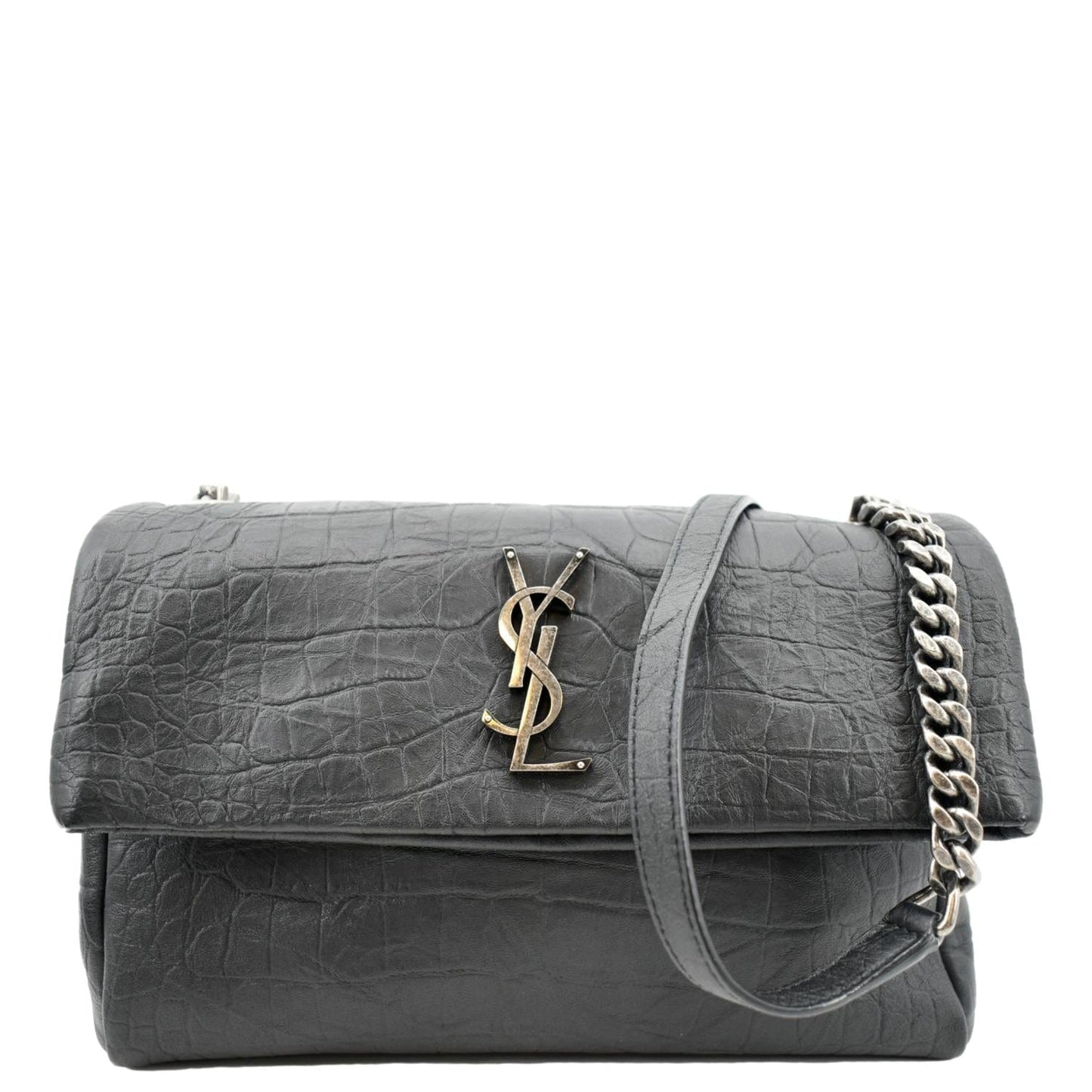 YSL Saint Laurent Yves West Hollywood Fold Over Croc Crossbody Bag Black Embossed