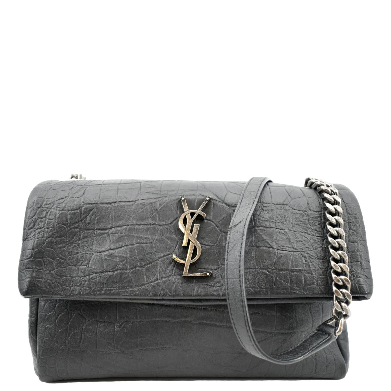YSL Saint Laurent Yves West Hollywood Fold Over Croc Crossbody Bag Black Embossed