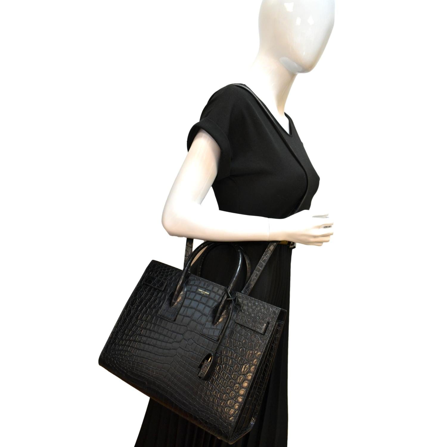 YSL Saint Laurent Yves Sac De Jour Crocodile Satchel Bag Black Embossed