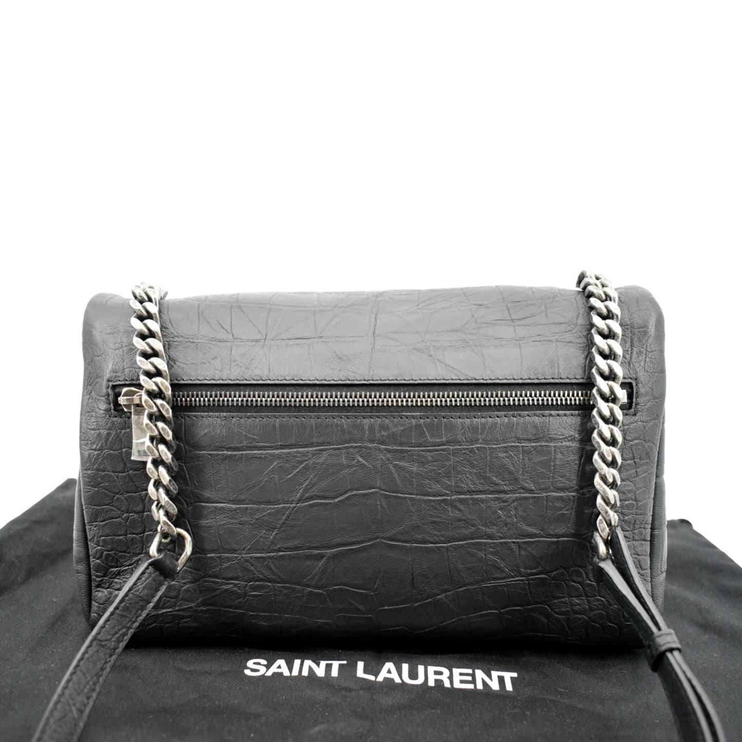 YSL Saint Laurent Yves West Hollywood Fold Over Croc Crossbody Bag Black Embossed