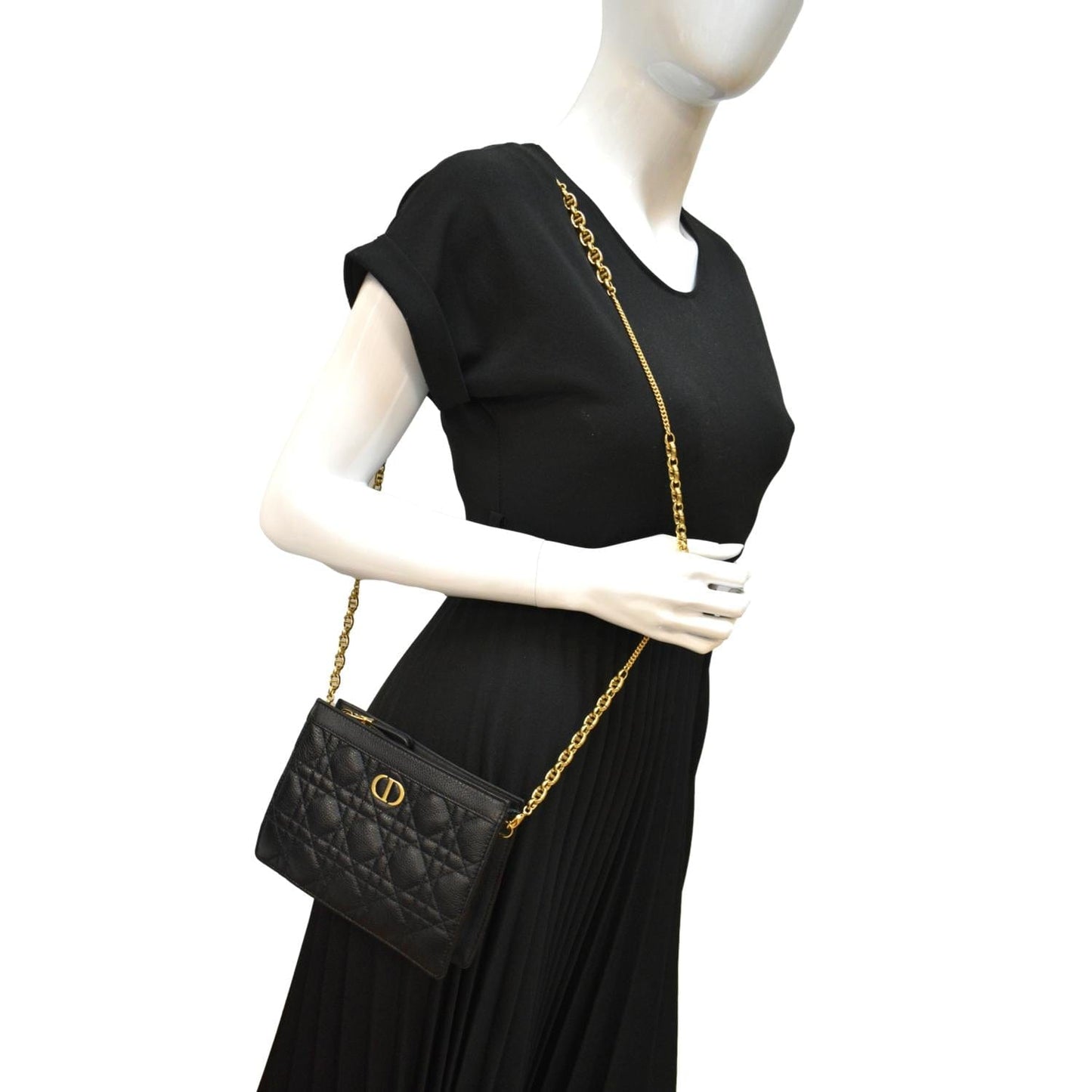Dior Caro Cannage Calfskin Zipped Pouch Handbag Black Travel Bag