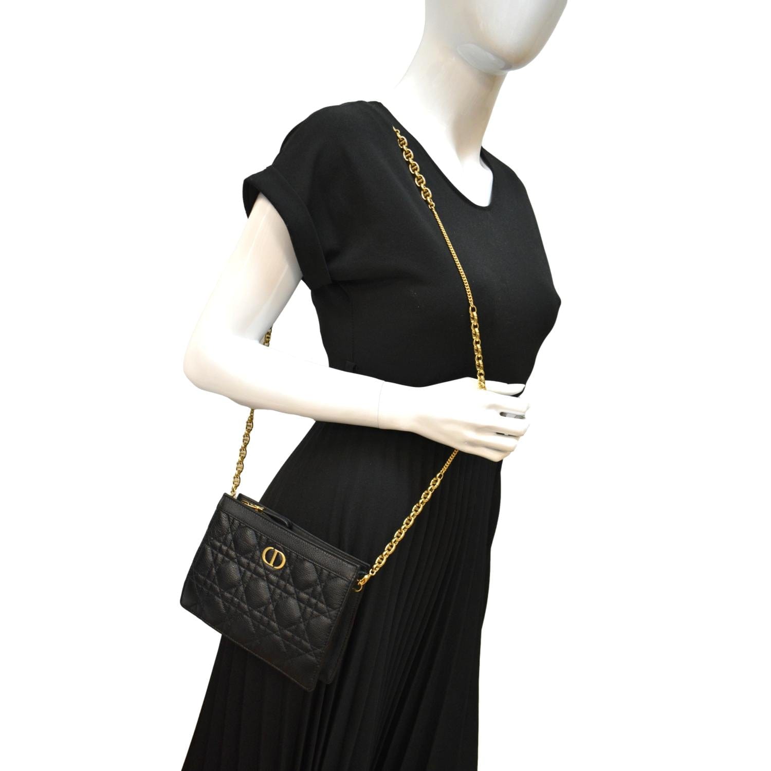 Dior Caro Cannage Calfskin Zipped Pouch Handbag Black Travel Bag