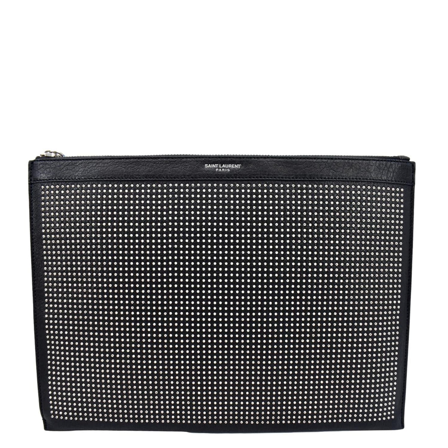 YSL Saint Laurent Saint Zip Studded Pouch Travel Bag Leather Black