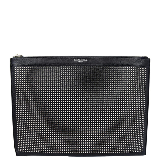 YSL Saint Laurent Saint Zip Studded Pouch Travel Bag Leather Black