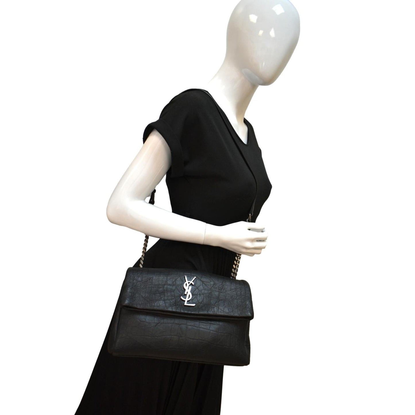 YSL Saint Laurent Yves West Hollywood Fold Over Croc Crossbody Bag Black Embossed