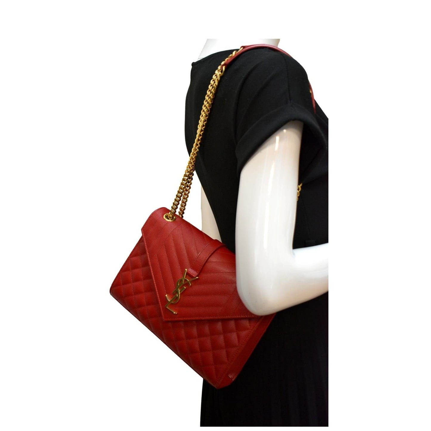 YSL Saint Laurent Yves Envelope Shoulder Bag Leather Matelasse Red