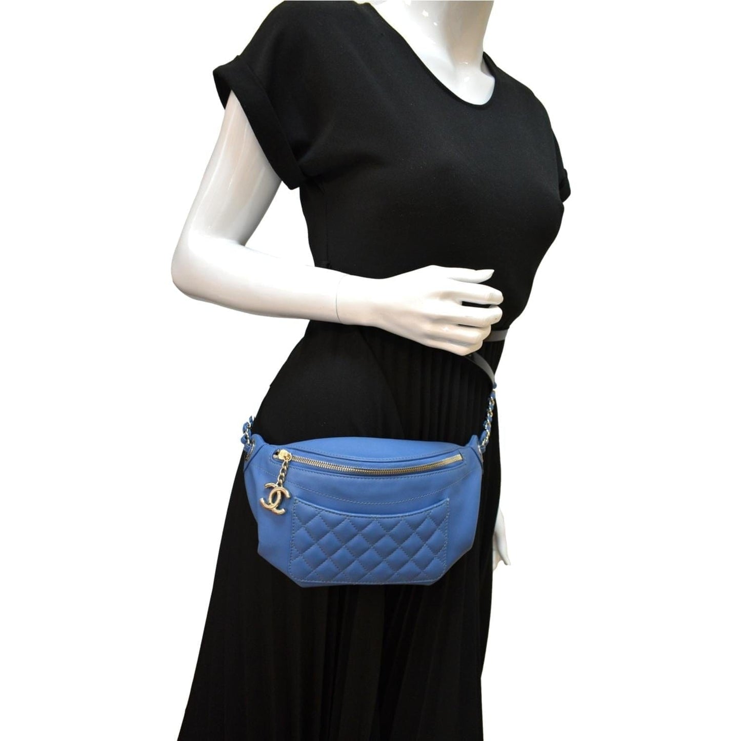 Chanel Bi Classic Quilted Waist Leather Lambskin Blue Travel Bag Bag Blue