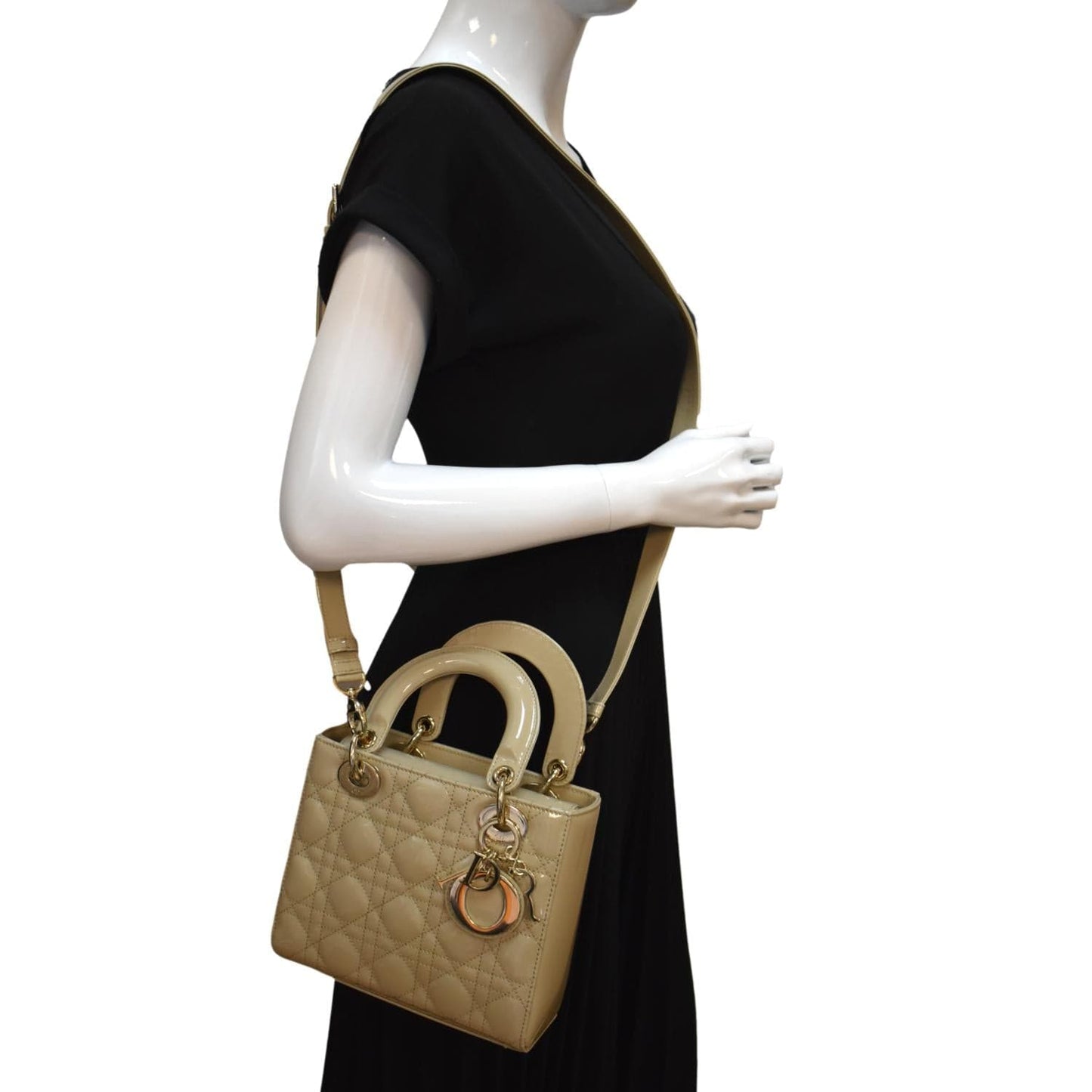 Dior Lady Patent Shoulder Bag Leather Beige