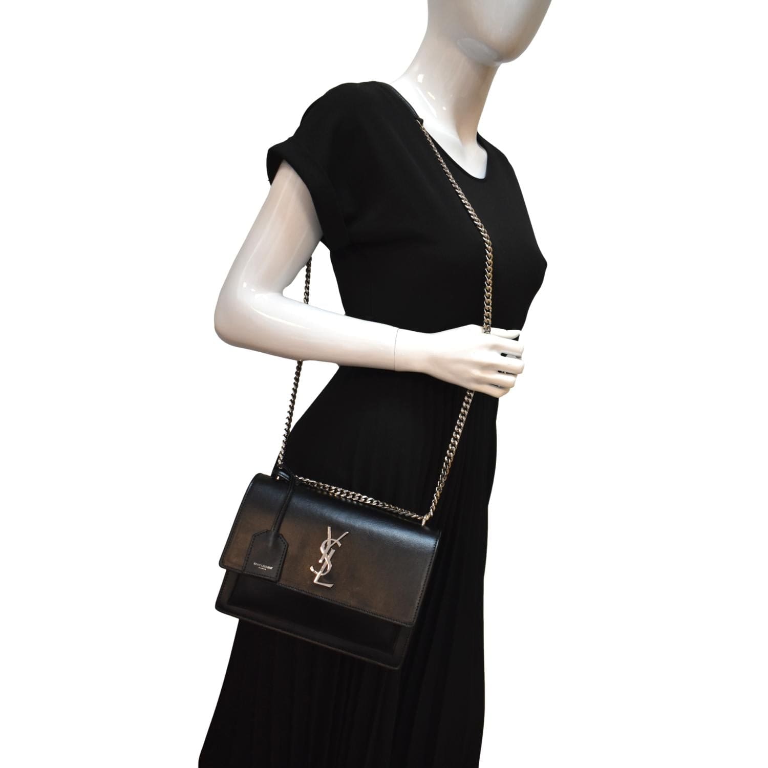 YSL Saint Laurent Yves Sunset Calfskin Shoulder Bag Leather Black Chain