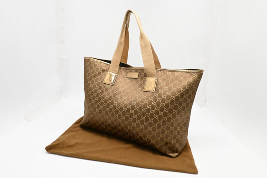 Gucci GG Canvas Brown Gold Large Tote Bag