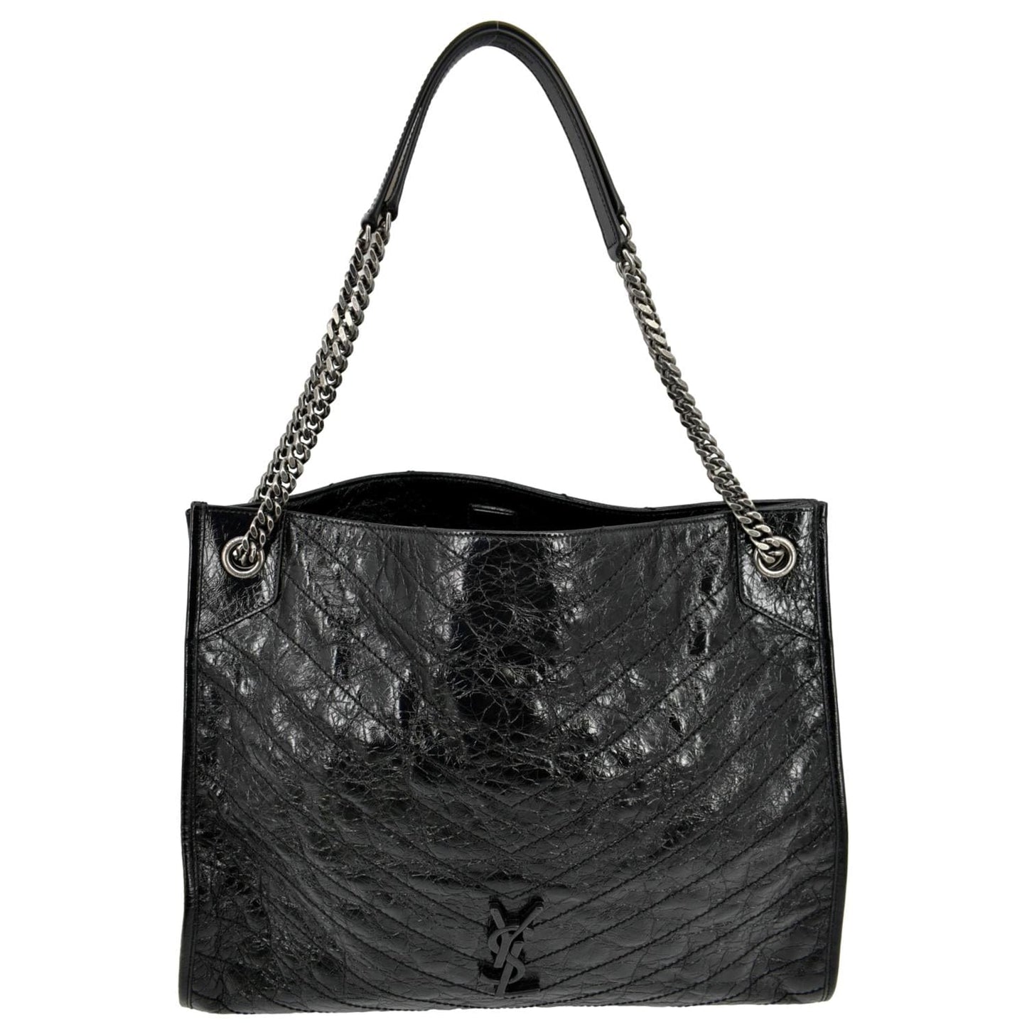 YSL Saint Laurent Yves Niki Crinkle Shopper Tote Bag Leather Black Large Laurent Niki Large