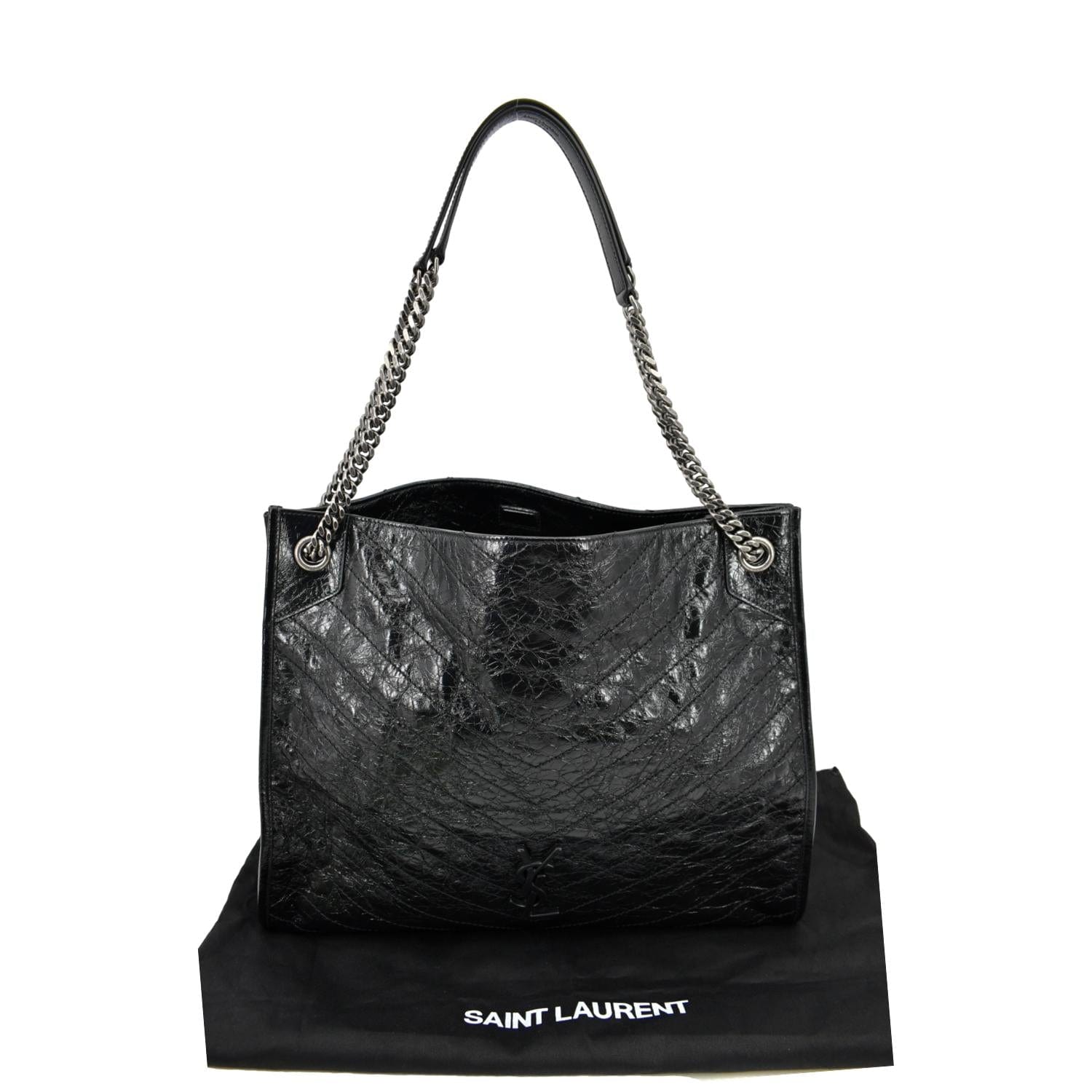 YSL Saint Laurent Yves Niki Crinkle Shopper Tote Bag Leather Black Large Laurent Niki Large