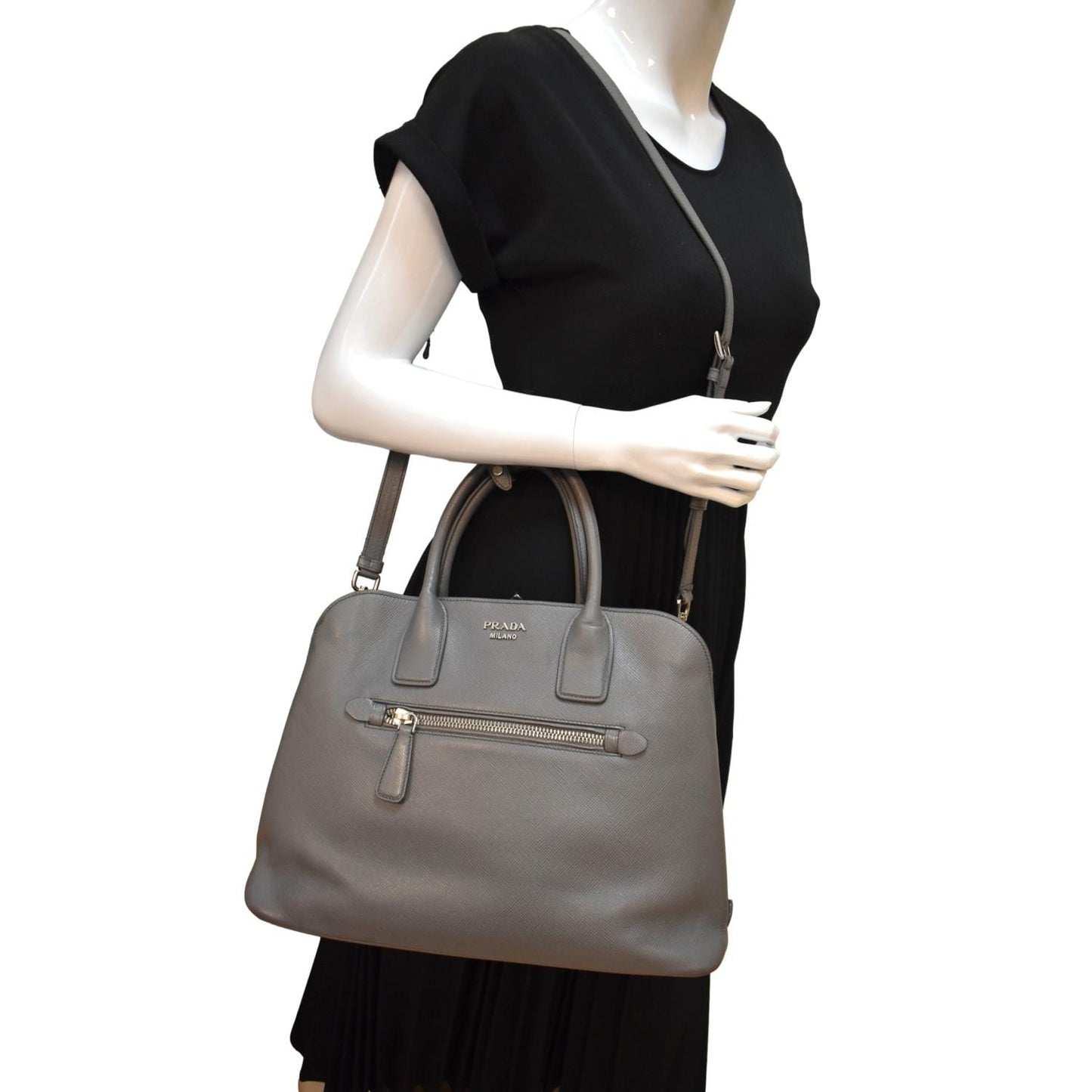 Prada Cuir Open Promenade Leathertop Handle Tote Bag Grey Saffiano Gray Shoulder Bag