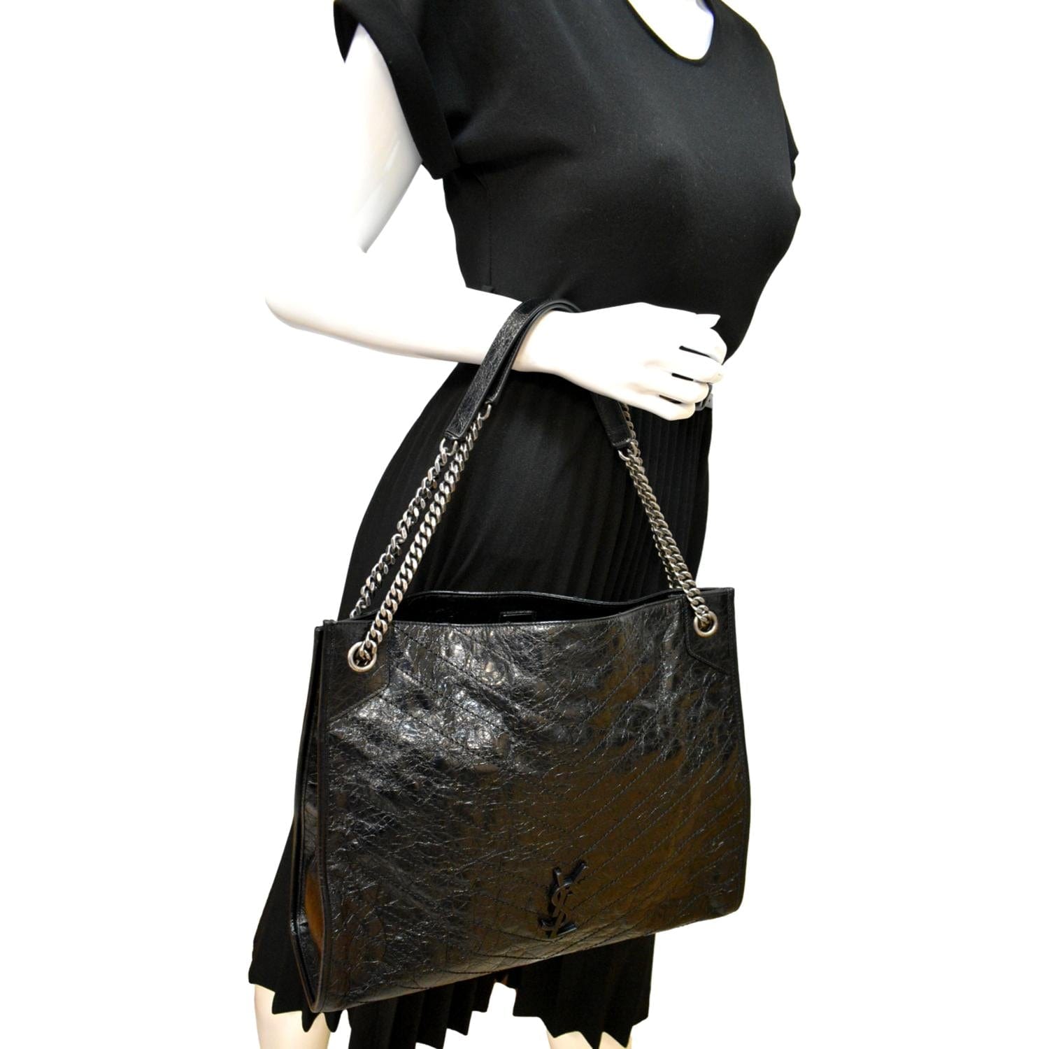 YSL Saint Laurent Yves Niki Crinkle Shopper Tote Bag Leather Black Large Laurent Niki Large