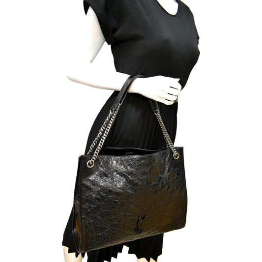 YSL Saint Laurent Yves Niki Crinkle Shopper Tote Bag Leather Black Large Laurent Niki Large