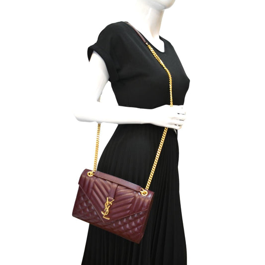 YSL Saint Laurent Yves Envelope Shoulder Bag Maroon Leather Medium Chain