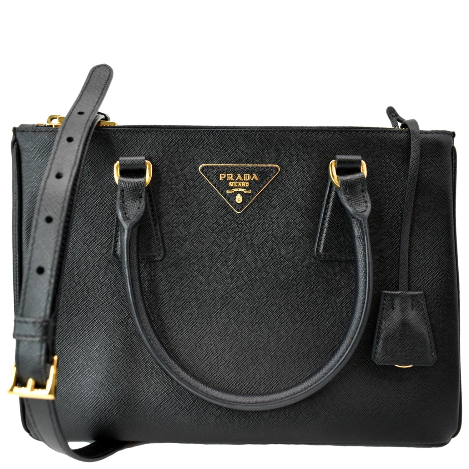 Saffiano Double Zip Tote Shoulder Bag Leather Black