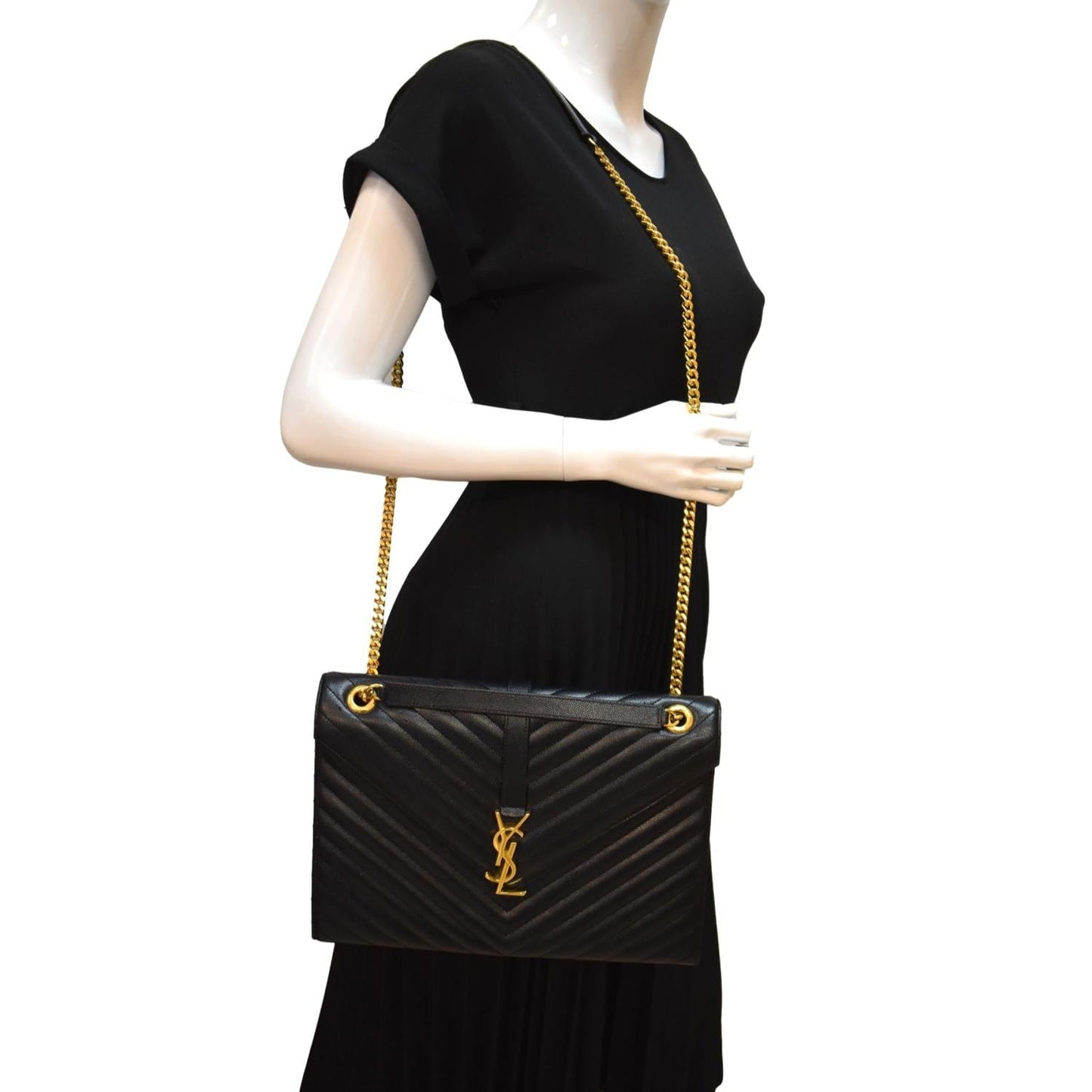 YSL Saint Laurent Saint Envelope Mix Grain De Poudre Chain Matelasse Black Shoulder Bag