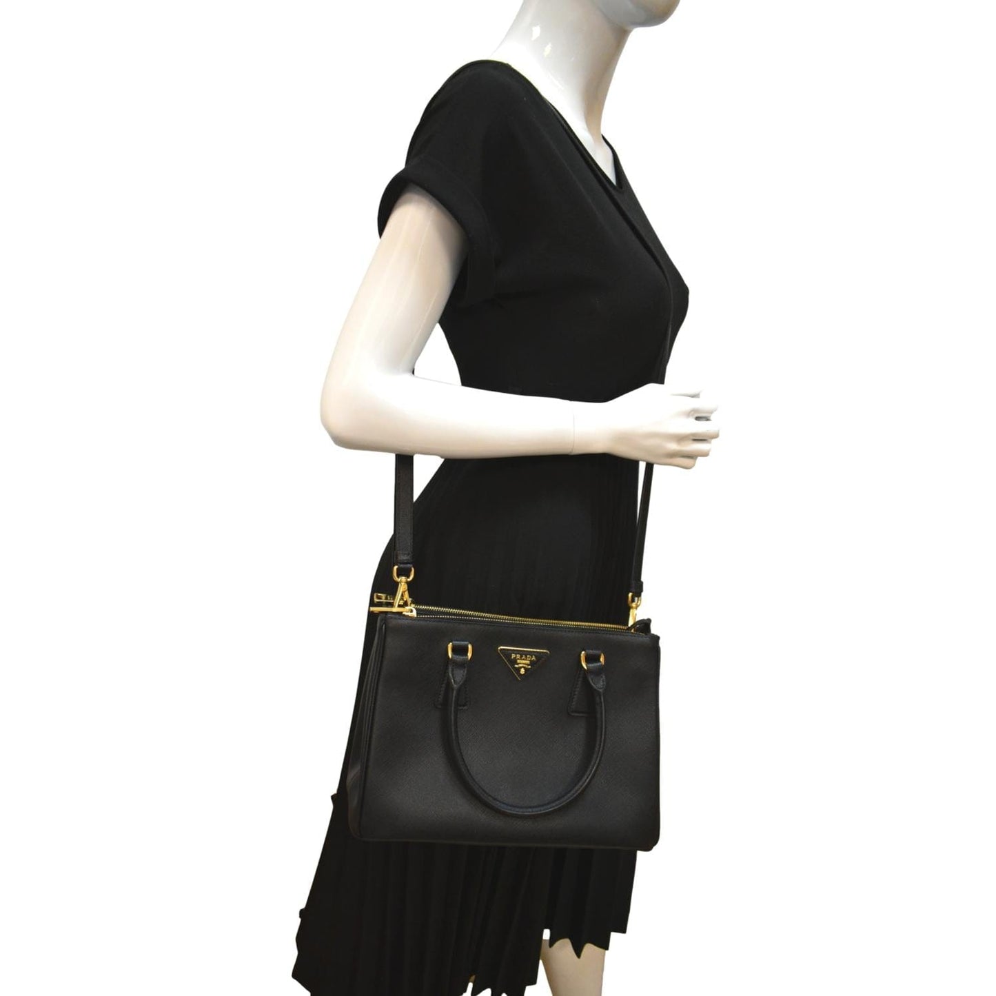Prada Double Tote Shoulder Bag Leather Saffiano Black