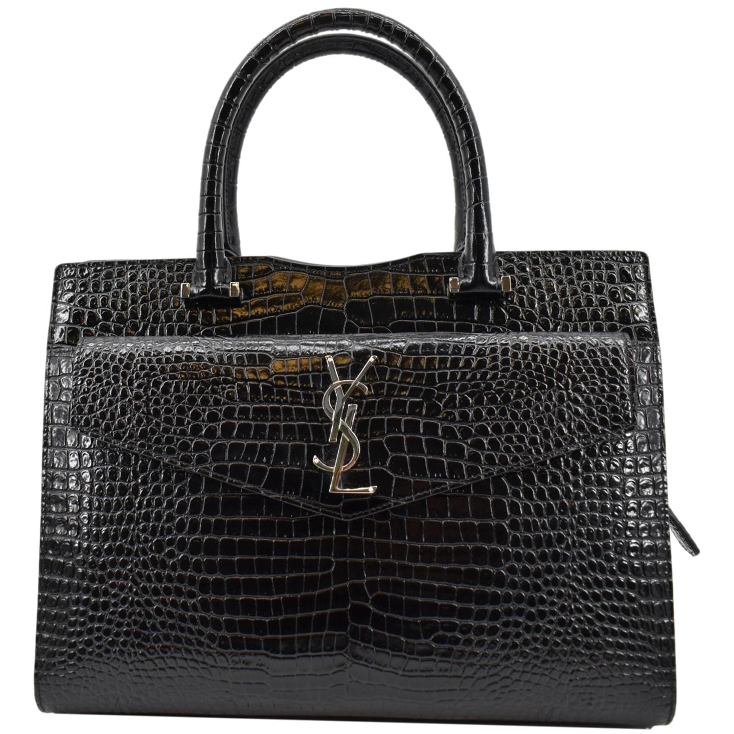 YSL Saint Laurent Saint Uptown Crocodile Calfskin Embossed Tote Bag Black