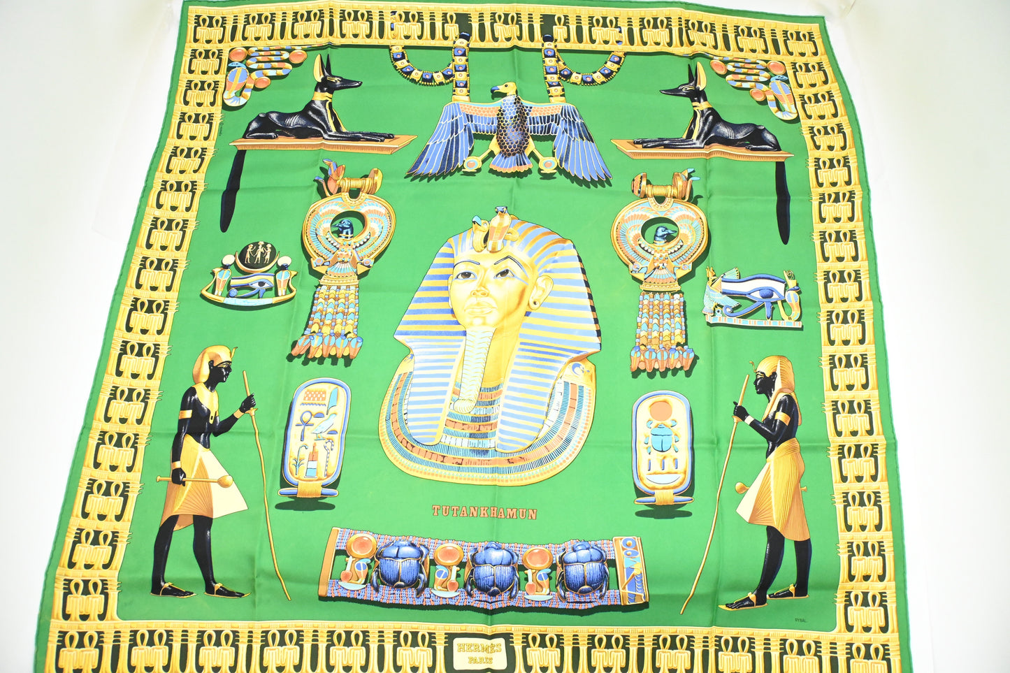 Hermes 'Tutankhamen' Carre In Silk Handbag Green Travel Bag