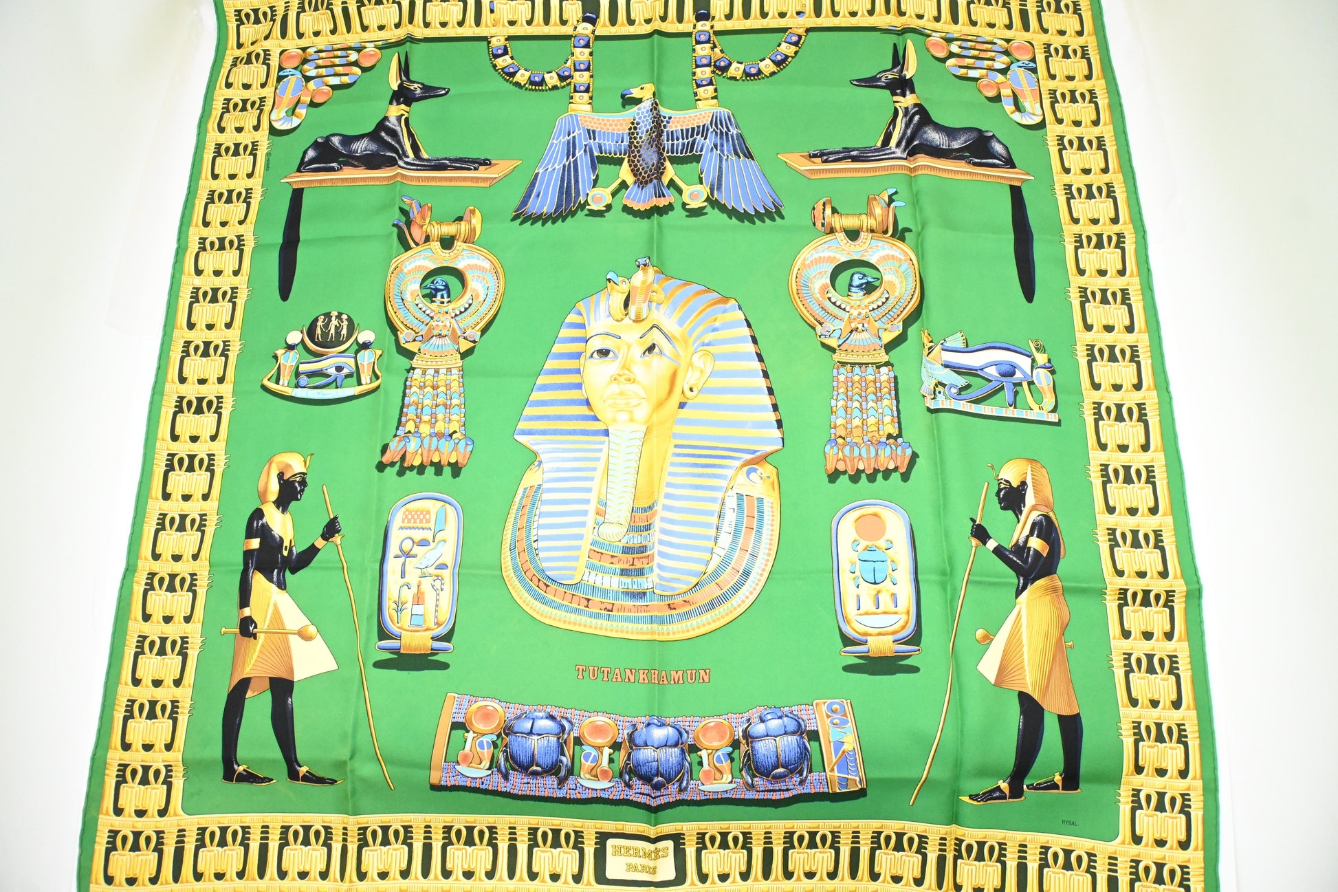 Hermes 'Tutankhamen' Carre In Silk Handbag Green Travel Bag
