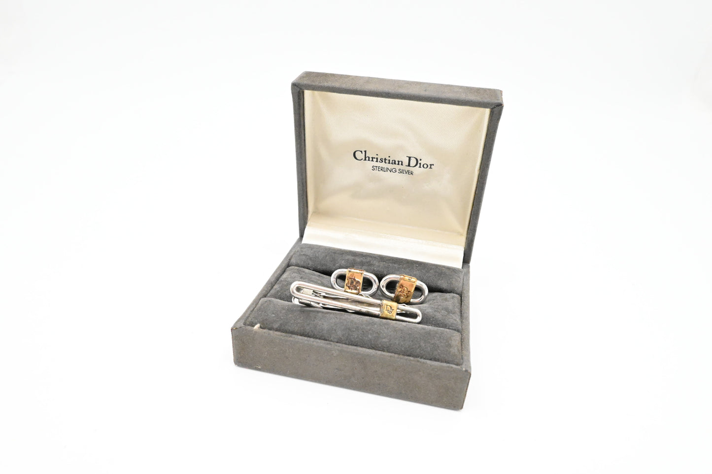 Dior Tie Clip And Cuff Links Set In Silver Travel Bag
