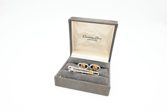 Dior Tie Clip And Cuff Links Set In Silver Travel Bag