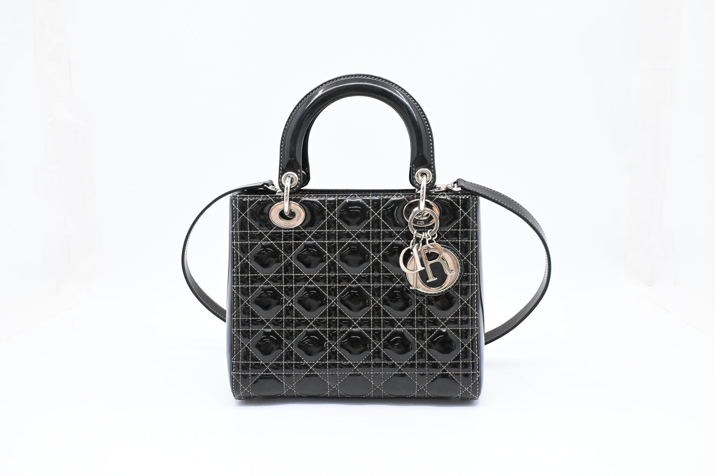Dior Lady D In Cannage Patent Handbag Leather Black Travel Bag