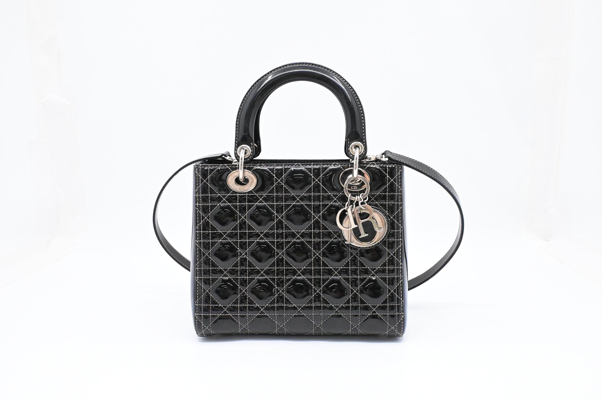 Dior Lady D In Cannage Patent Handbag Leather Black Travel Bag